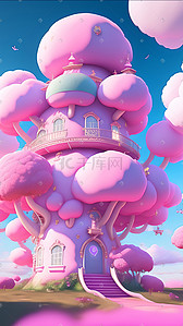 云房子插画图片_卡通梦幻唯美童话风粉色蘑菇云房子数字艺术
