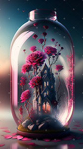 奶瓶瓶子插画图片_创意唯美治愈玫瑰城堡数字艺术插画