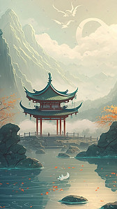 彩色中国古典建筑亭子插画