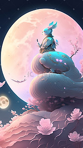 中国风梦幻治愈月亮古装兔子数字插画