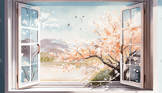 横版春天窗边景色水彩插画