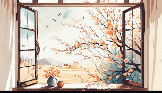 横版春天窗边景色水彩插画