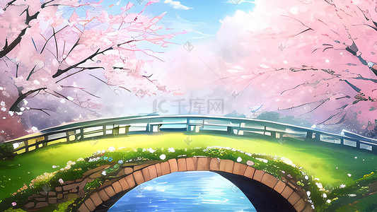 花园音乐插画图片_春天森林桃花园草地场景插画