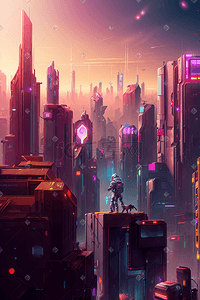 霓虹灯网格插画图片_赛博朋克未来城市机器人幻想世界