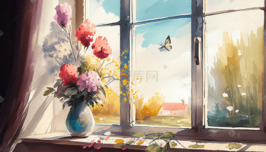 窗户边油画质感花瓶手绘插花花瓶花朵油画横版春天窗边景色水彩插画