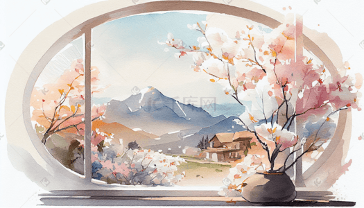 横版春天窗边景色水彩插画