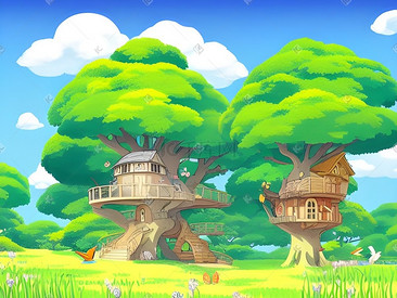 童话可爱卡通树屋房子蓝天