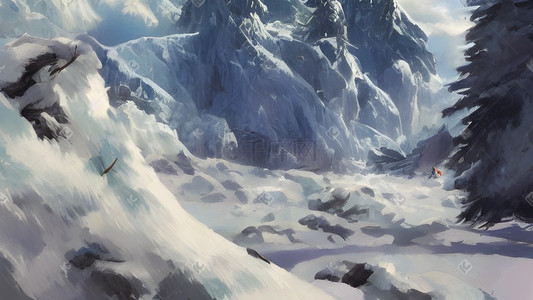 雪地小狗跑插画图片_雪山雪地天空卡通唯美治愈风景