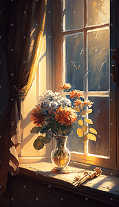 一枝梅花瓶插画图片_彩色油画质感窗户边的花瓶