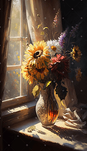 彩色花瓶插画图片_彩色窗户边的花瓶