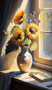 彩色花瓶插画图片_彩色窗边花瓶向日葵