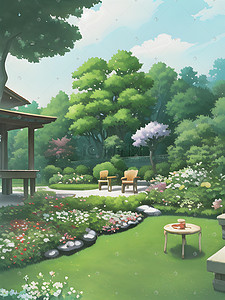 欧式花园灯插画图片_庭院卡通绿植花园春天景色