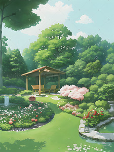 夏天绿植边框插画图片_庭院卡通绿植花园春天景色