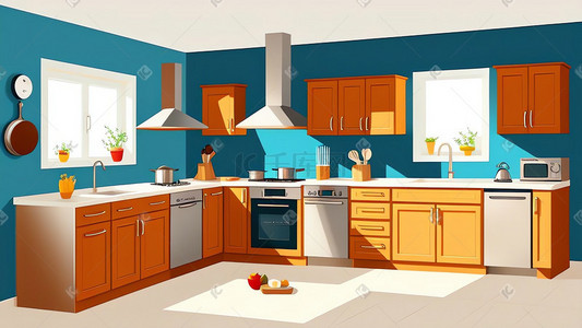 3d厨房用具插画图片_室内设计厨房扁平风格卡通场景
