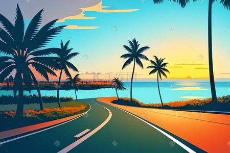 扁平椰子树插画图片_夏日椰子树马路大海风景扁平风格