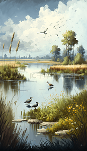 齐河黄河湿地公园插画图片_彩色夏季田野湿地风景