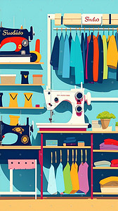 服装店工作室缝纫机卡通扁平风格