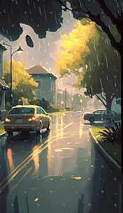 道路风景汽车插画图片_彩色夏季下雨天的道路