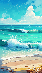 沙滩蓝色插画图片_蓝色唯美海边度假