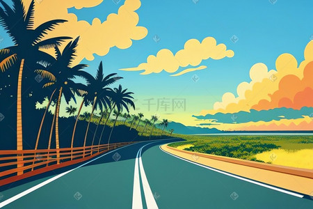 扁平椰子树插画图片_夏日椰子树马路云彩风景扁平风格