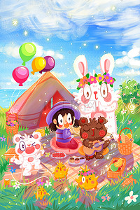 动物野餐插画图片_五一出游野餐露营女孩兔子动物气球