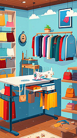 服装店工作室缝纫机卡通扁平风格