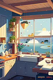 室内设计厨房扁平风格卡通场景