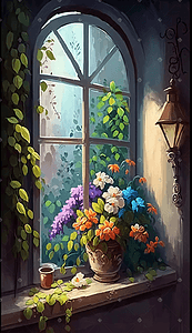彩色窗边盛开的花朵