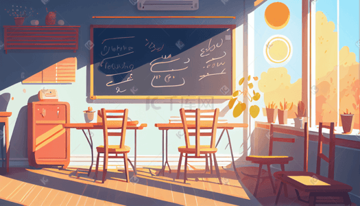 横版学校教室场景插画夏天清新风景卡通背景蓝色唯美卡通小清新治愈