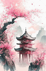 水彩风中式园林建筑樱花插画风景