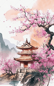 水彩风中式园林建筑樱花插画风景