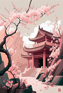 扁平中式园林建筑樱花插画风景