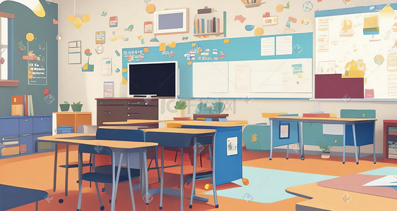 物理教室图案插画图片_卡通彩色儿童学习教室