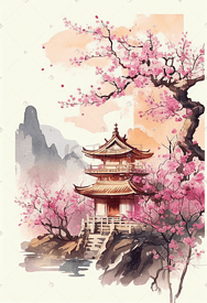 水彩风中式园林建筑樱花插画风景