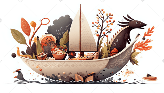 可爱卡通帆船插画图片_龙帆船树叶橙色卡通可爱插画