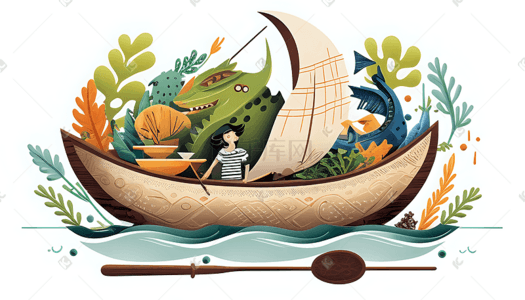 波浪风格插画图片_绿植波浪帆船扁平风格卡通