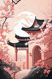 扁平中式园林建筑樱花插画风景