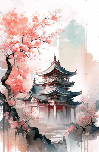 园林水彩图片素材_水彩风中式园林建筑樱花插画风景