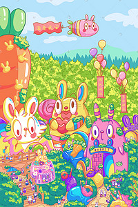 动物乐园插画图片_五一出游游乐园兔子可爱