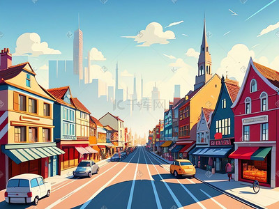 卡通商业街城镇建筑道路场景