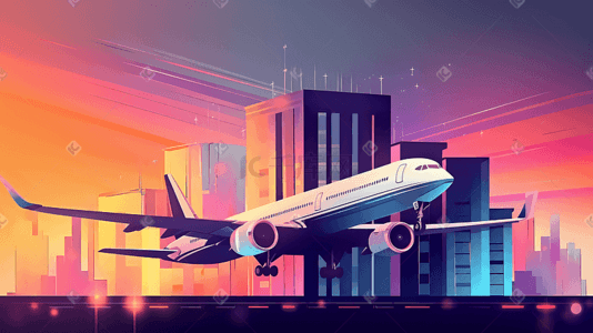 飞机霓虹城市现代科技插画