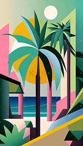 夏季海边矢量插画图片_海边棕榈树矢量插画风景