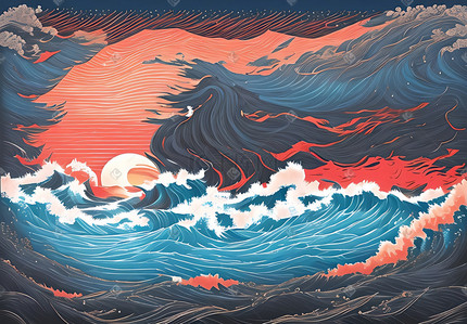 日本北陸插画图片_红日日本浮世绘古风插画