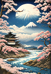 日本折扇插画图片_雪山樱花日本浮世绘古风插画