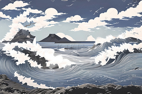 日本折扇插画图片_海浪日本浮世绘古风插画