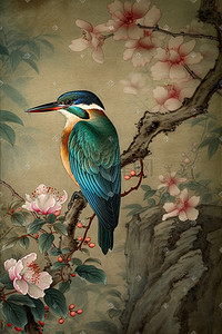 花鸟传统插画图片_中国传统风格绘画数字艺术