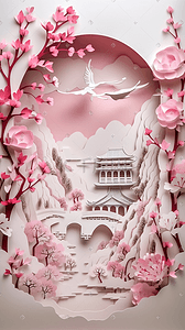 工艺背景插画图片_剪纸工艺盛开的樱花树