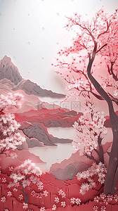 钢笔工艺插画图片_剪纸工艺盛开的樱花树