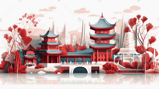 国风剪纸风插画图片_中国风古典建筑国潮剪纸风风景