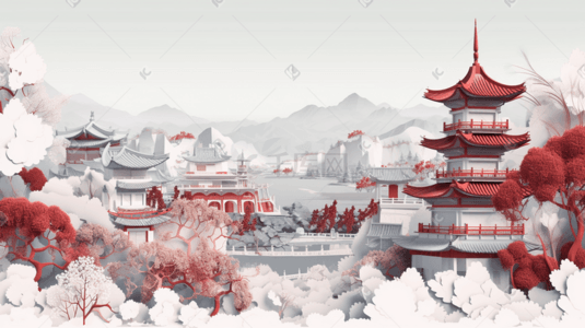 中国剪纸风插画图片_中国风古典建筑国潮剪纸风风景